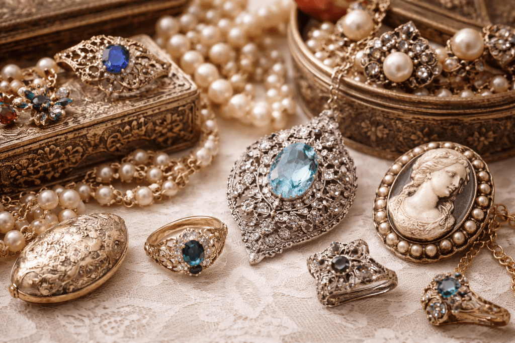 Vintage and antique jewelry displayed together, showing the difference in style and craftsmanship